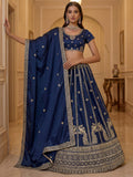 Glowing Navy Blue Sequins Silk Wedding Wear Lehenga Choli With Dupatta