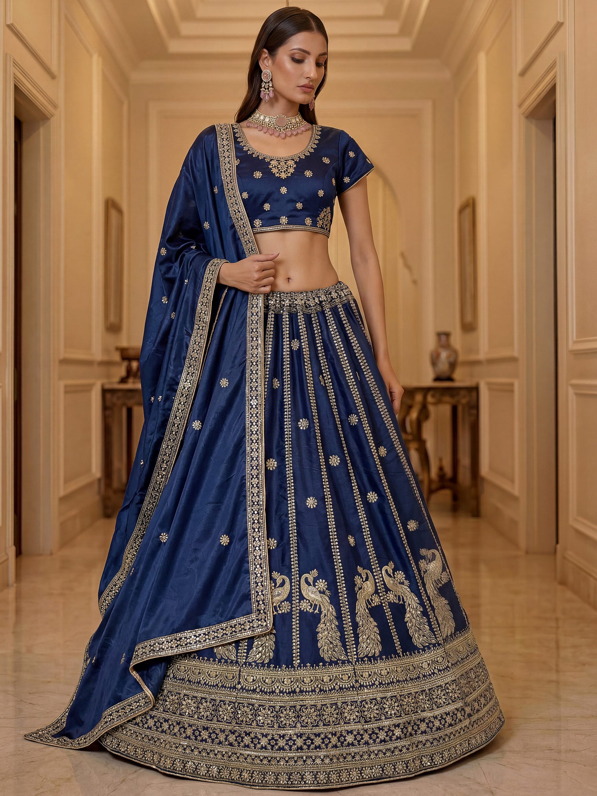 Glowing Navy Blue Sequins Silk Wedding Wear Lehenga Choli With Dupatta