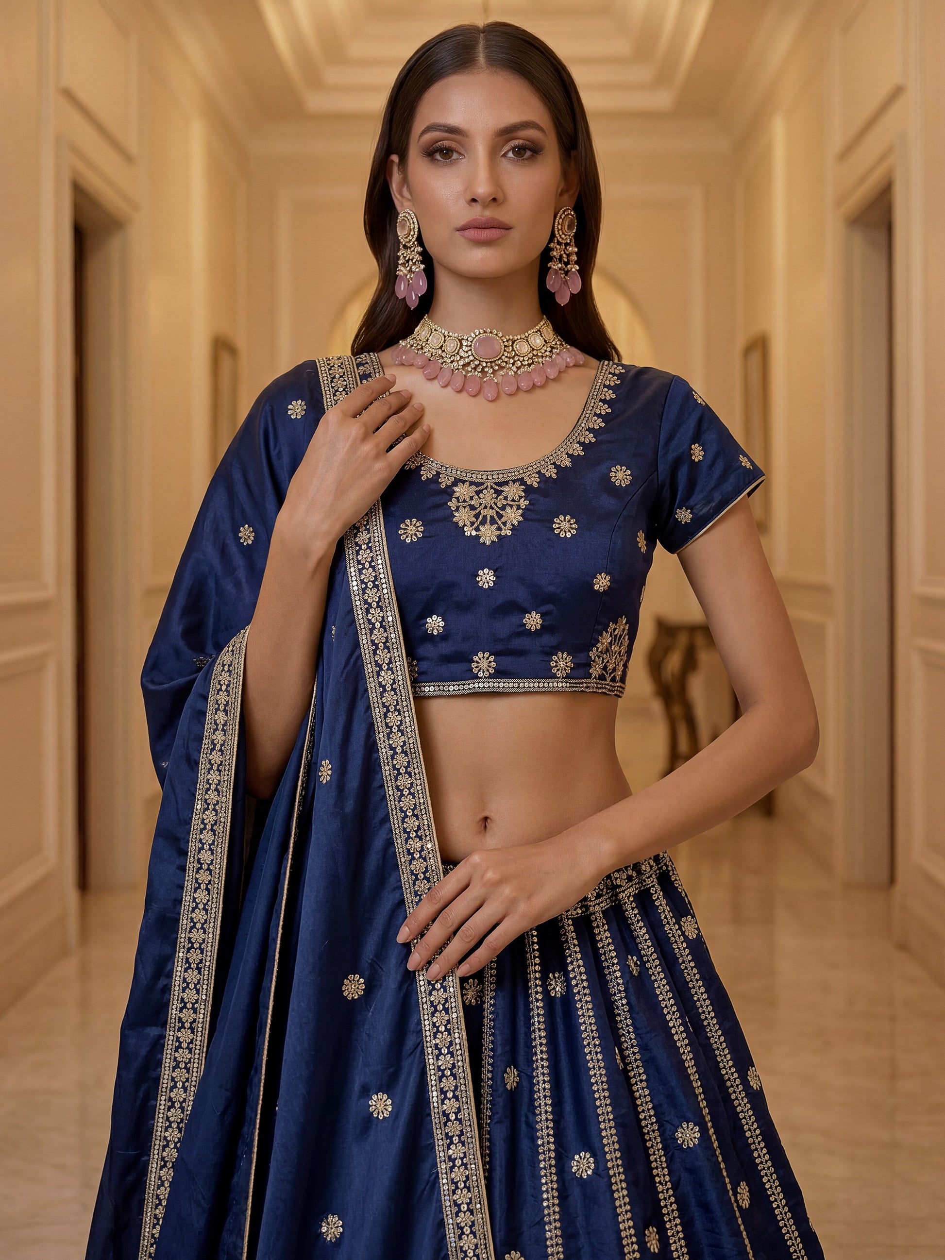 Glowing Navy Blue Sequins Silk Wedding Wear Lehenga Choli With Dupatta