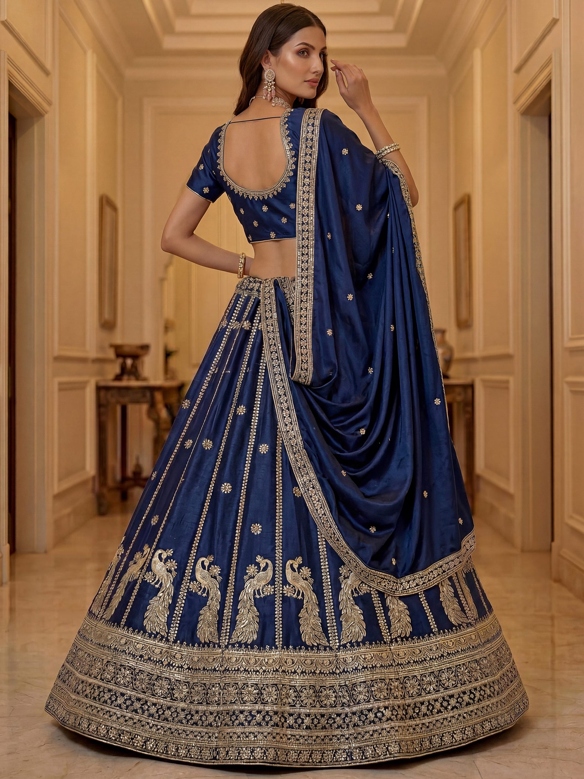 Glowing Navy Blue Sequins Silk Wedding Wear Lehenga Choli With Dupatta