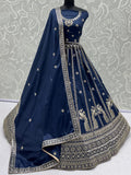 Glowing Navy Blue Sequins Silk Wedding Wear Lehenga Choli With Dupatta