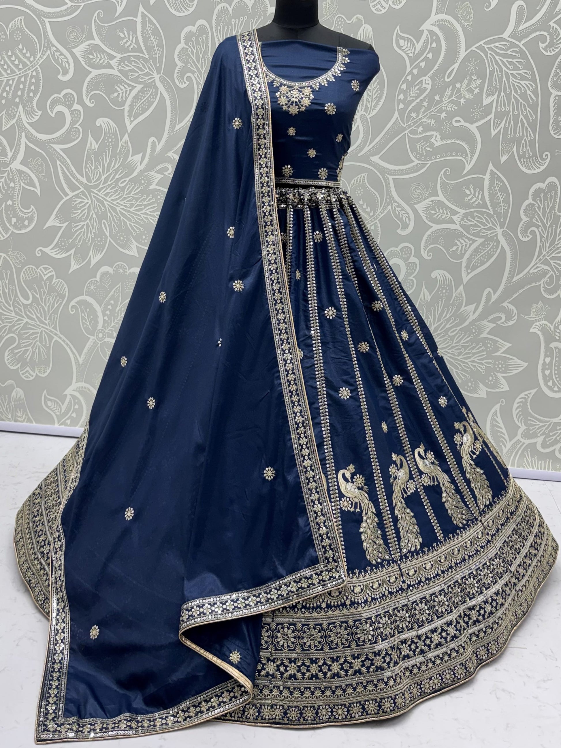 Glowing Navy Blue Sequins Silk Wedding Wear Lehenga Choli With Dupatta