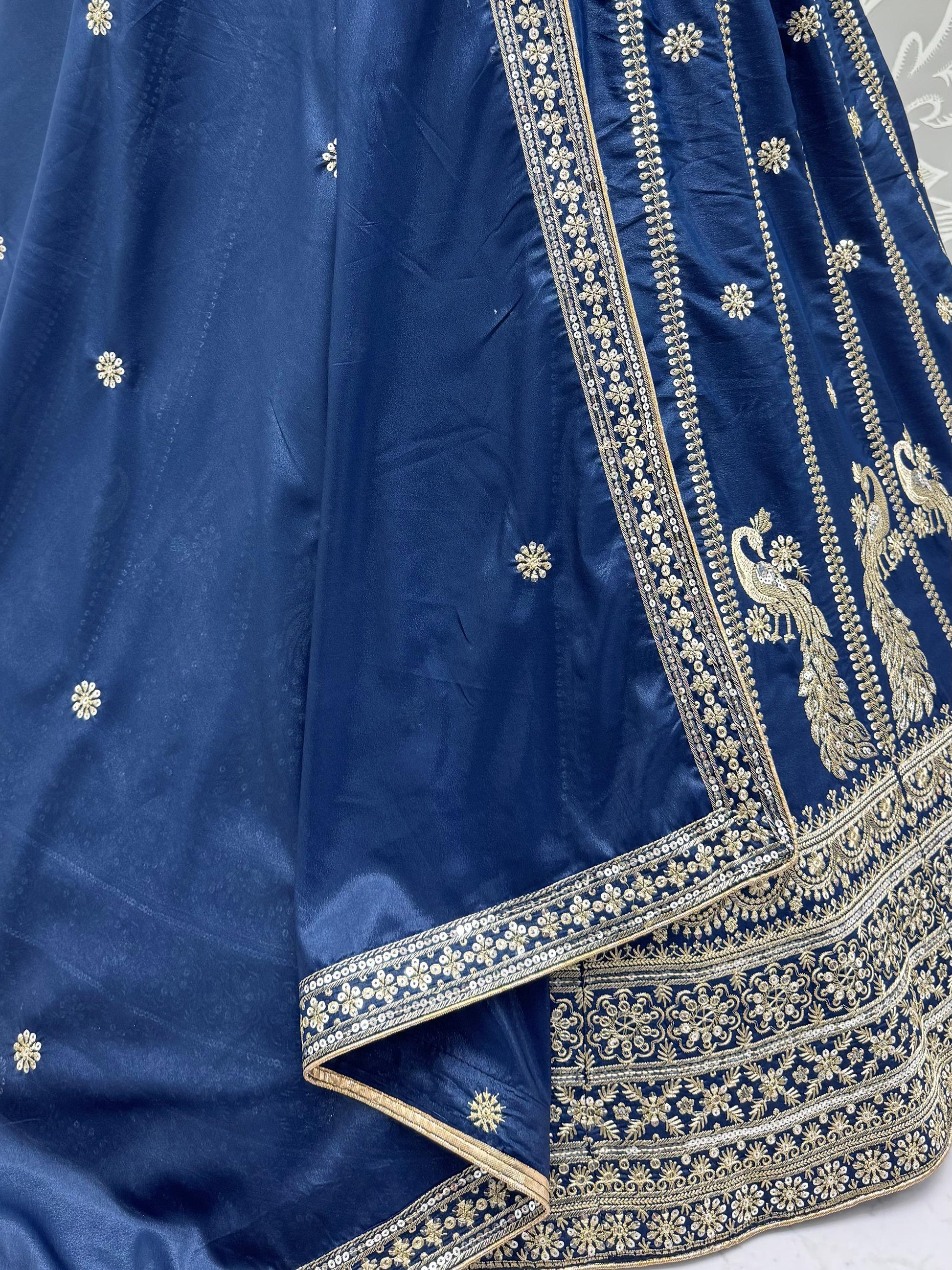 Glowing Navy Blue Sequins Silk Wedding Wear Lehenga Choli With Dupatta