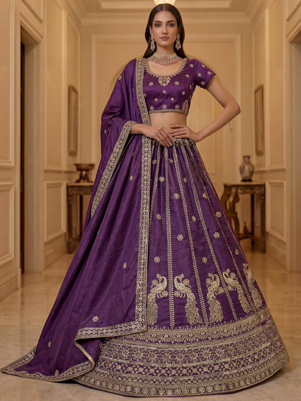 Incredible Purple Sequins Silk Wedding Wear Lehenga Choli With Dupatta