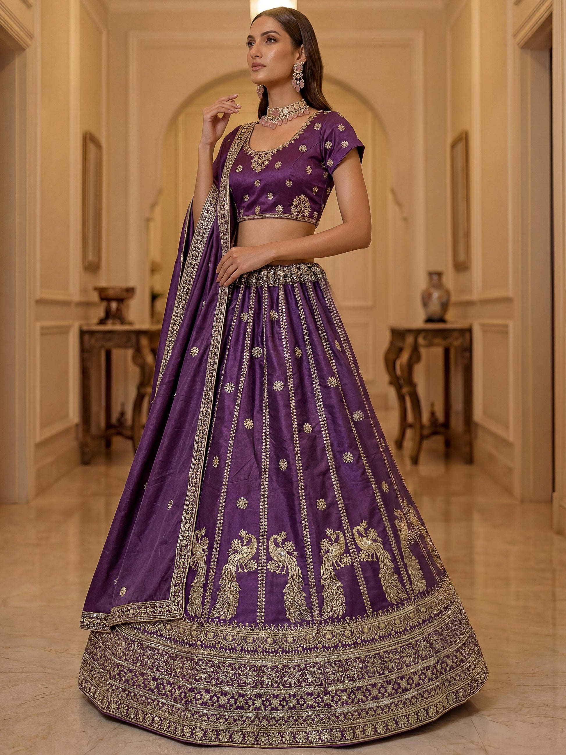 Incredible Purple Sequins Silk Wedding Wear Lehenga Choli With Dupatta