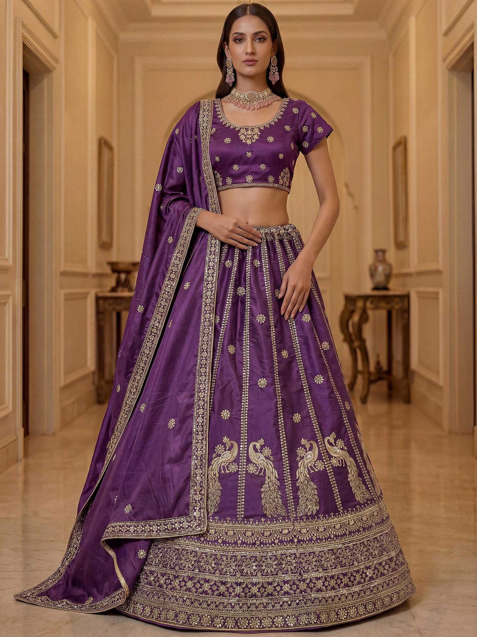 Incredible Purple Sequins Silk Wedding Wear Lehenga Choli With Dupatta