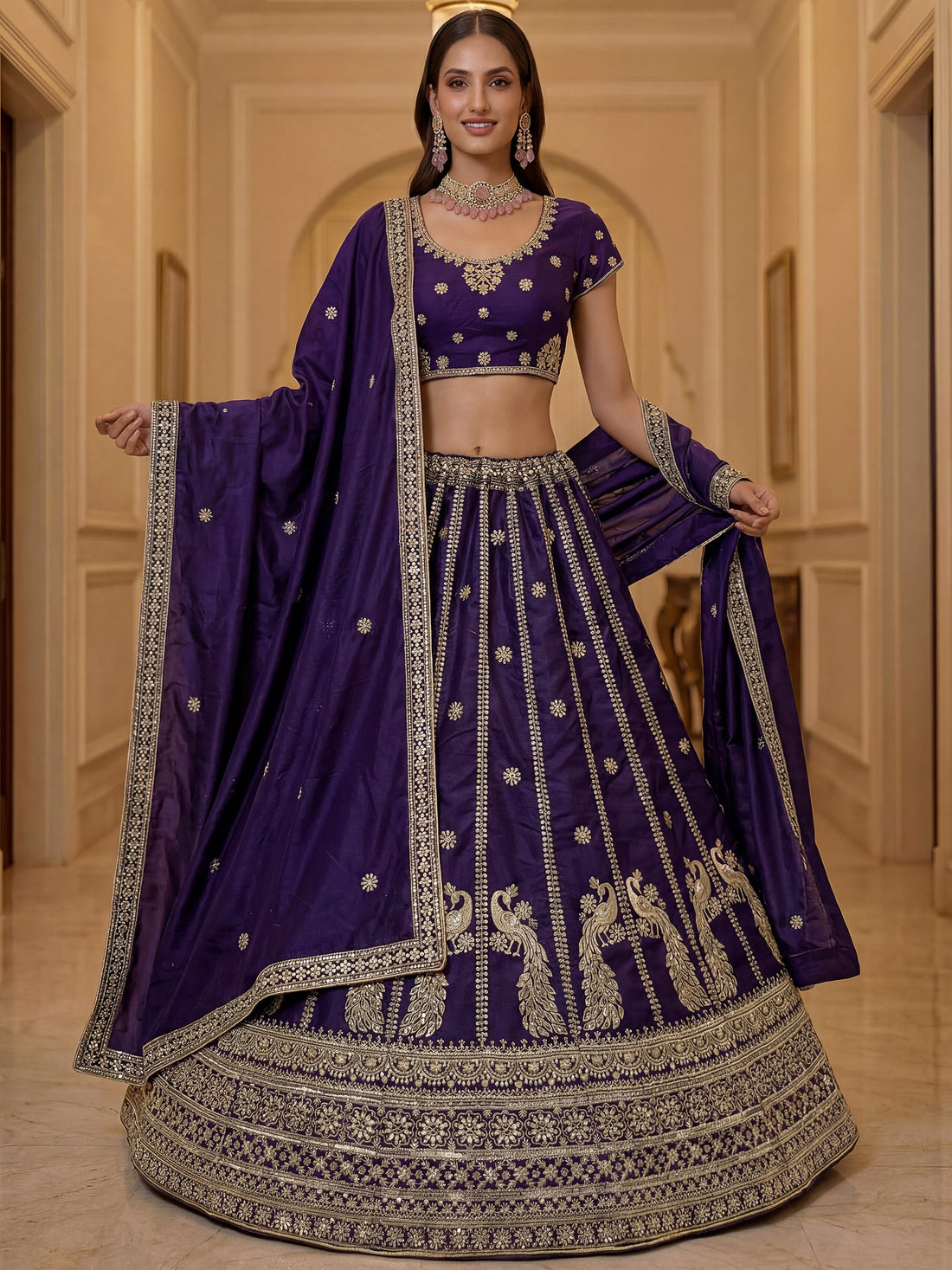 Beautiful Dark Purple Embroidery Silk Wedding Wear Lehenga Choli With Dupatta