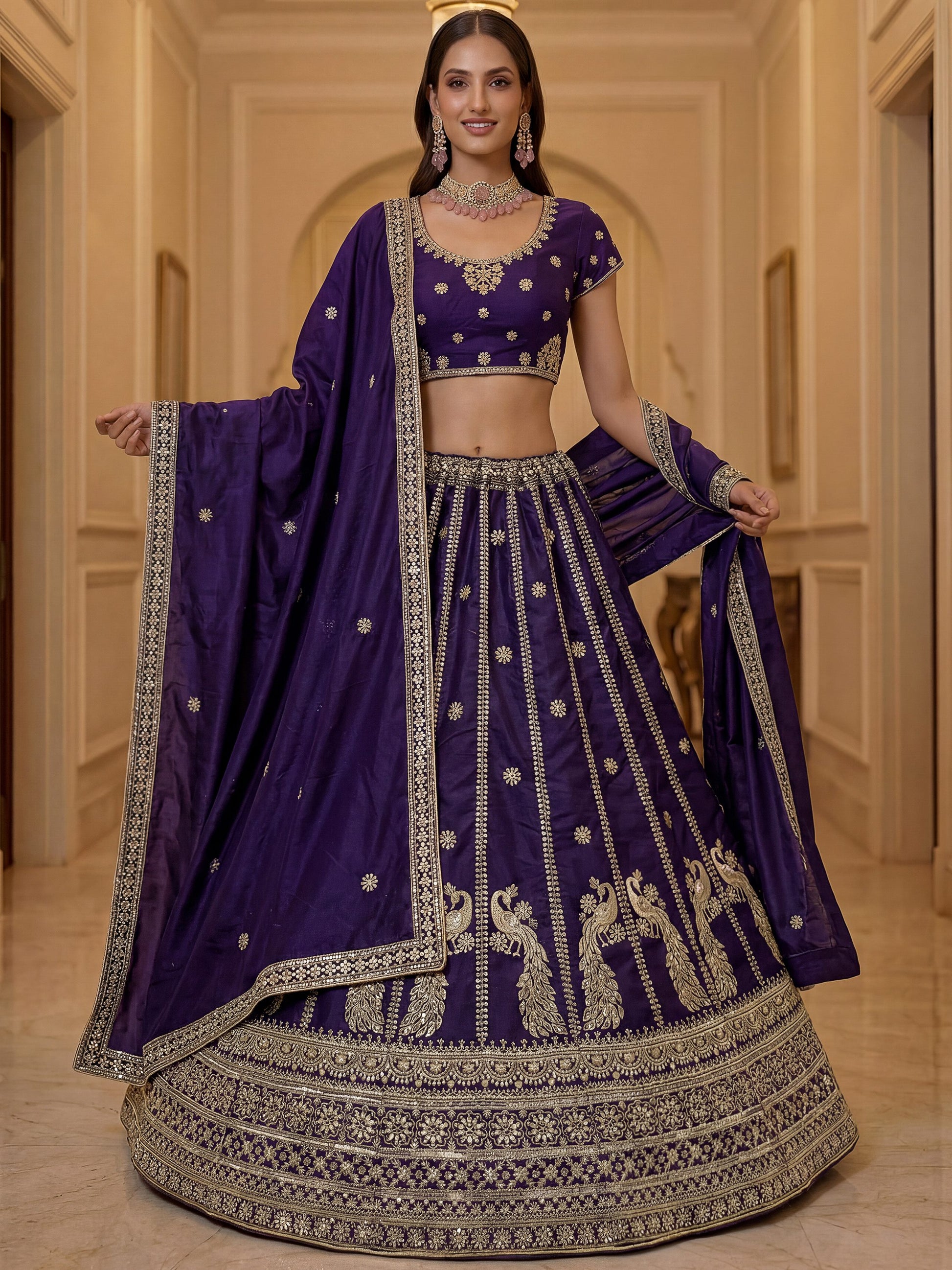 Beautiful Dark Purple Embroidery Silk Wedding Wear Lehenga Choli With Dupatta