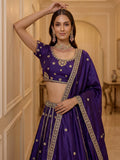 Beautiful Dark Purple Embroidery Silk Wedding Wear Lehenga Choli With Dupatta