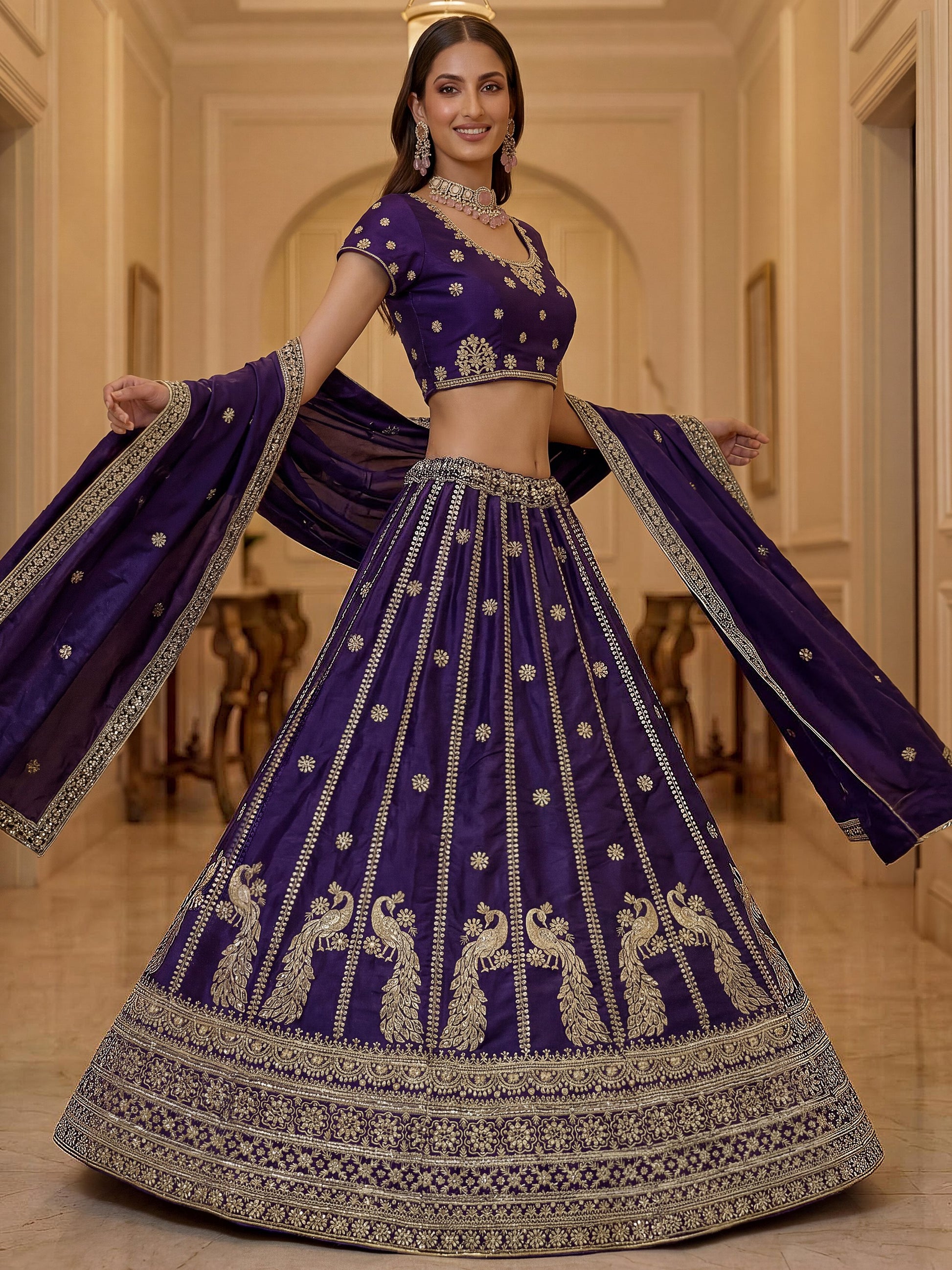 Beautiful Dark Purple Embroidery Silk Wedding Wear Lehenga Choli With Dupatta