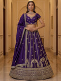 Beautiful Dark Purple Embroidery Silk Wedding Wear Lehenga Choli With Dupatta