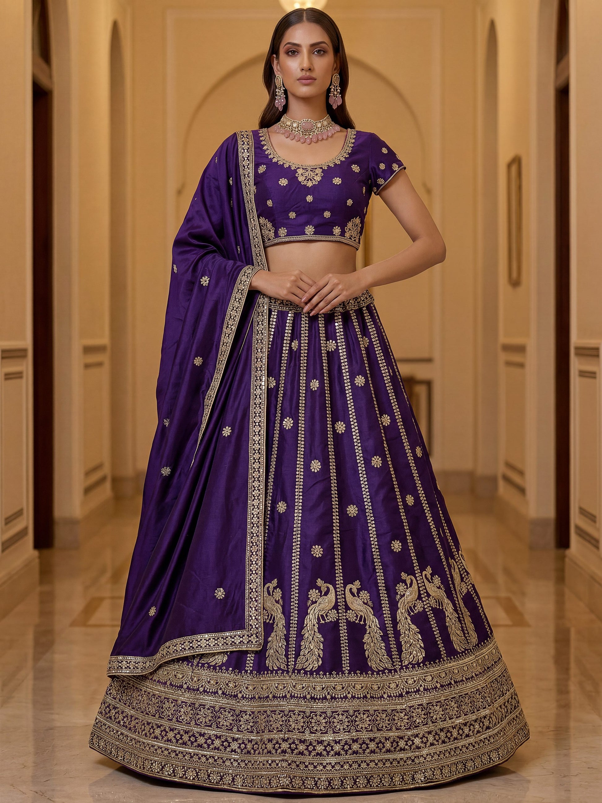 Beautiful Dark Purple Embroidery Silk Wedding Wear Lehenga Choli With Dupatta