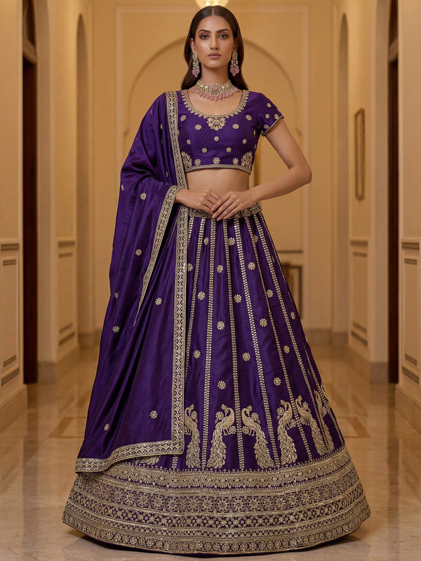 Beautiful Dark Purple Embroidery Silk Wedding Wear Lehenga Choli With Dupatta