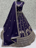 Beautiful Dark Purple Embroidery Silk Wedding Wear Lehenga Choli With Dupatta