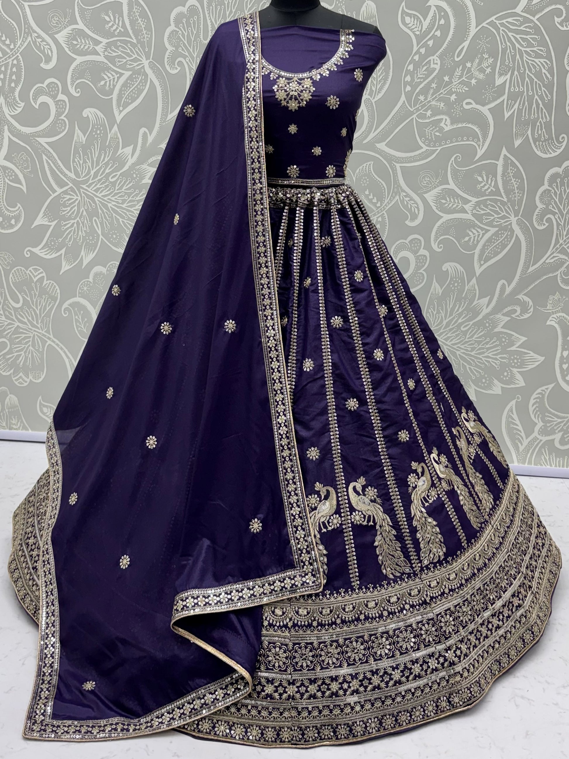 Beautiful Dark Purple Embroidery Silk Wedding Wear Lehenga Choli With Dupatta