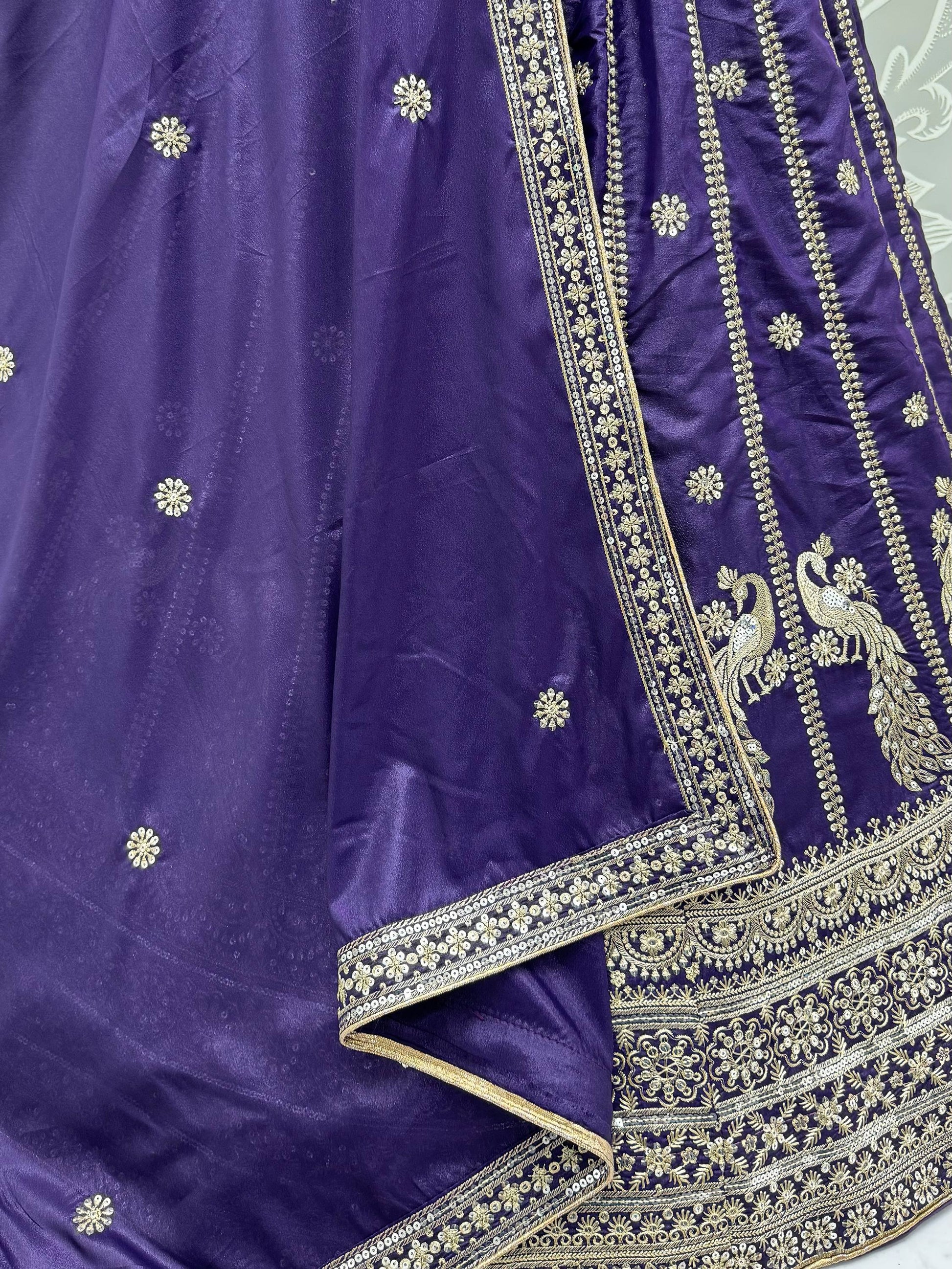 Beautiful Dark Purple Embroidery Silk Wedding Wear Lehenga Choli With Dupatta