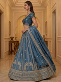Attractive Sky Blue Embroidery Silk Wedding Wear Lehenga Choli With Dupatta