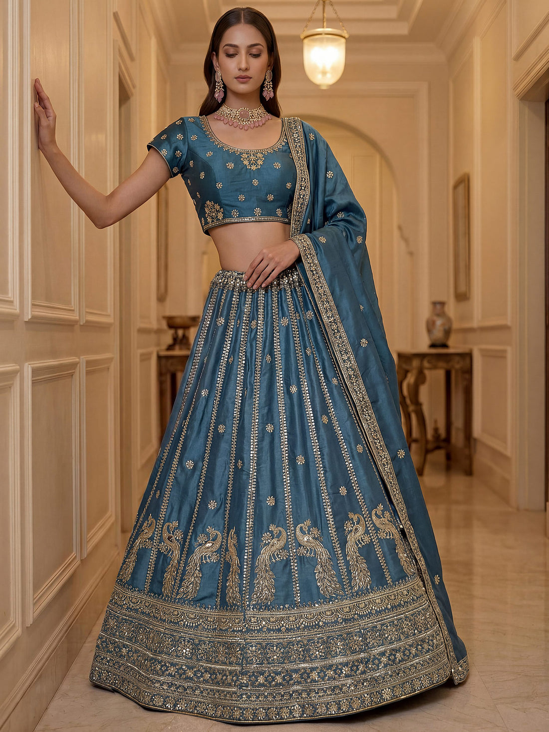 Attractive Sky Blue Embroidery Silk Wedding Wear Lehenga Choli With Dupatta