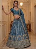 Attractive Sky Blue Embroidery Silk Wedding Wear Lehenga Choli With Dupatta