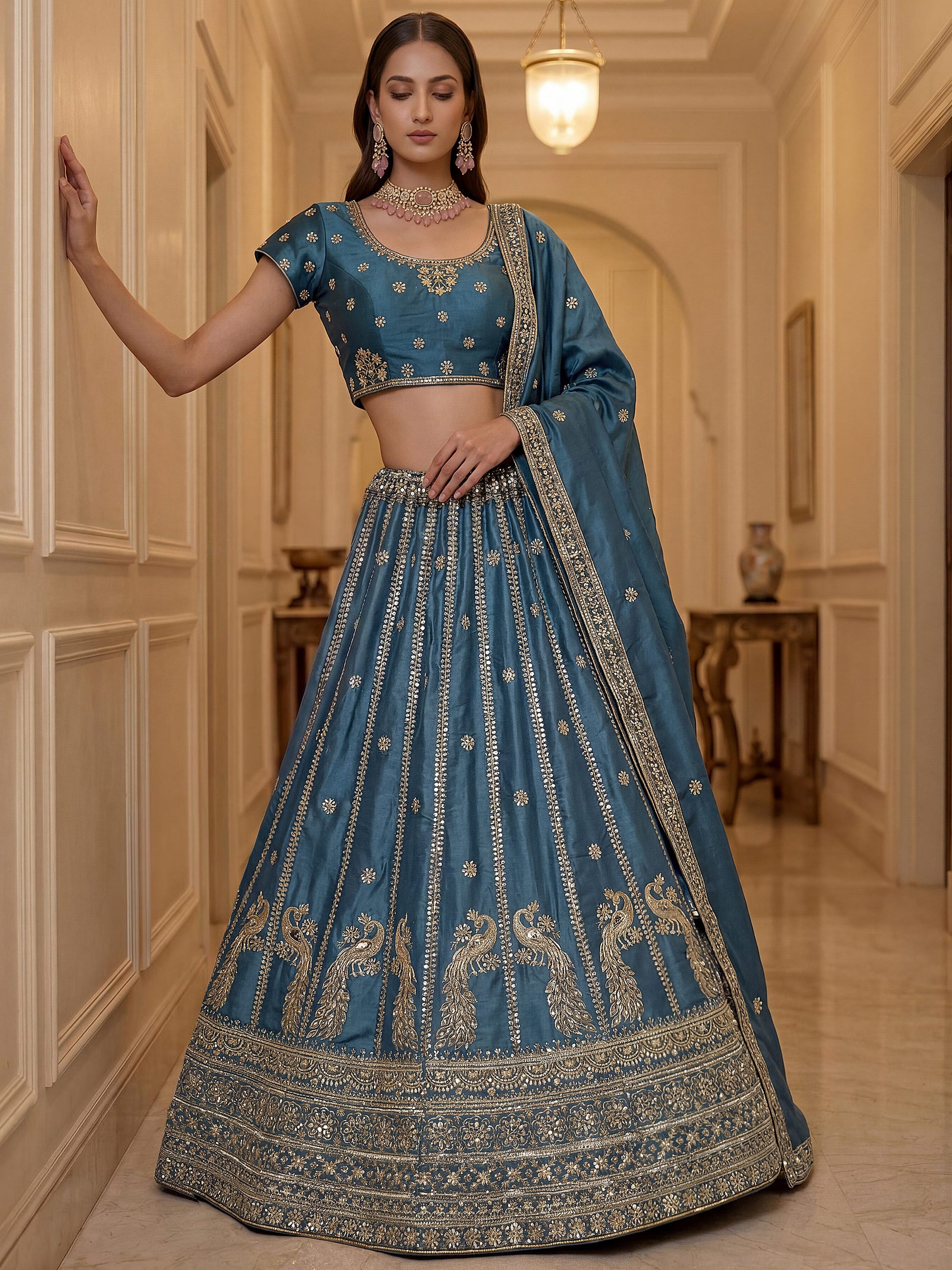 Attractive Sky Blue Embroidery Silk Wedding Wear Lehenga Choli With Dupatta