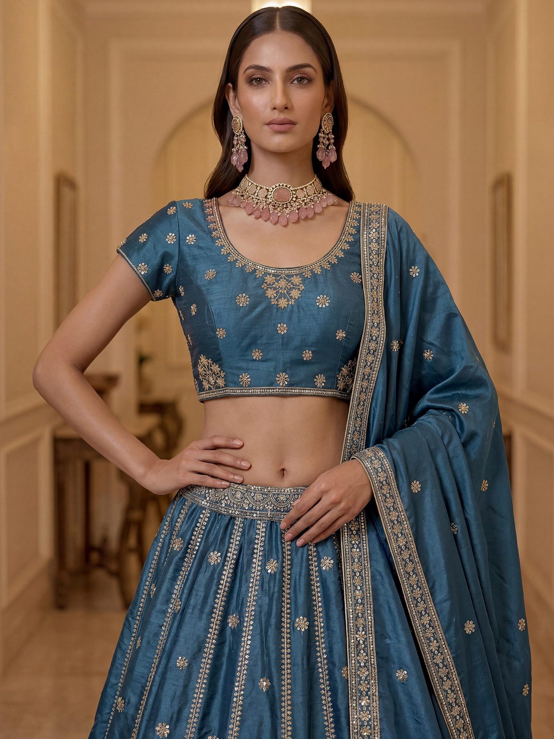 Attractive Sky Blue Embroidery Silk Wedding Wear Lehenga Choli With Dupatta