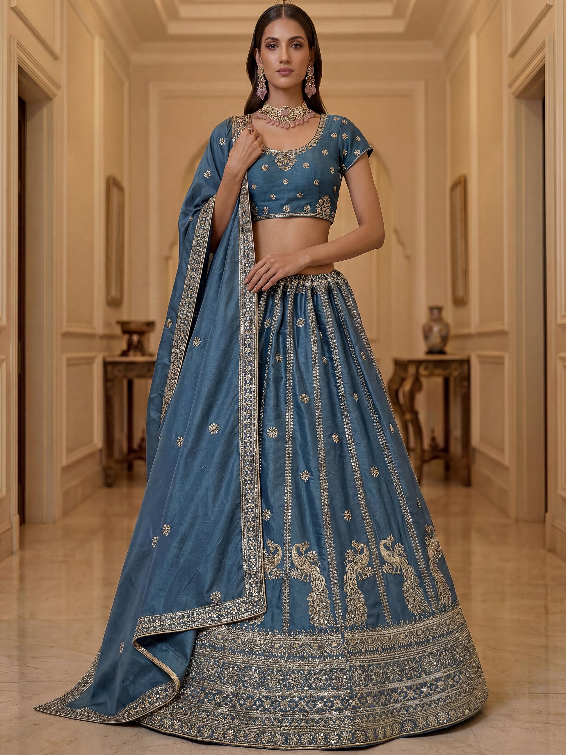 Attractive Sky Blue Embroidery Silk Wedding Wear Lehenga Choli With Dupatta