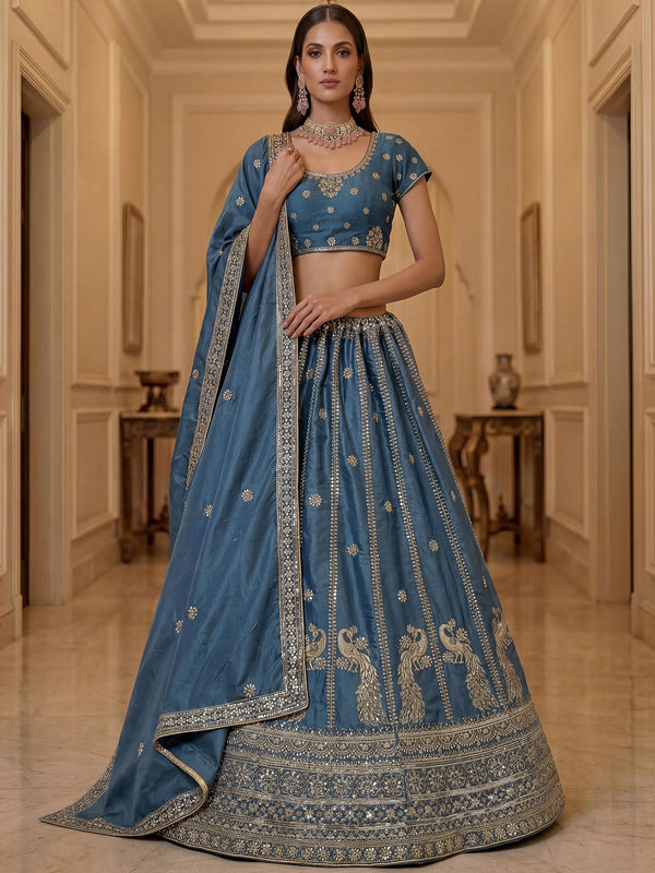 Attractive Sky Blue Embroidery Silk Wedding Wear Lehenga Choli With Dupatta