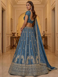 Attractive Sky Blue Embroidery Silk Wedding Wear Lehenga Choli With Dupatta