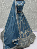 Attractive Sky Blue Embroidery Silk Wedding Wear Lehenga Choli With Dupatta