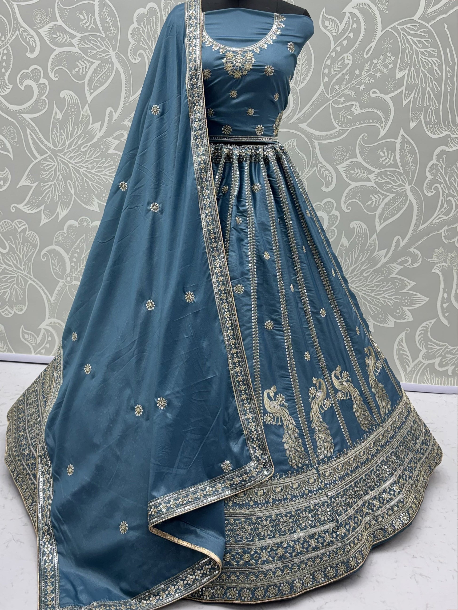 Attractive Sky Blue Embroidery Silk Wedding Wear Lehenga Choli With Dupatta
