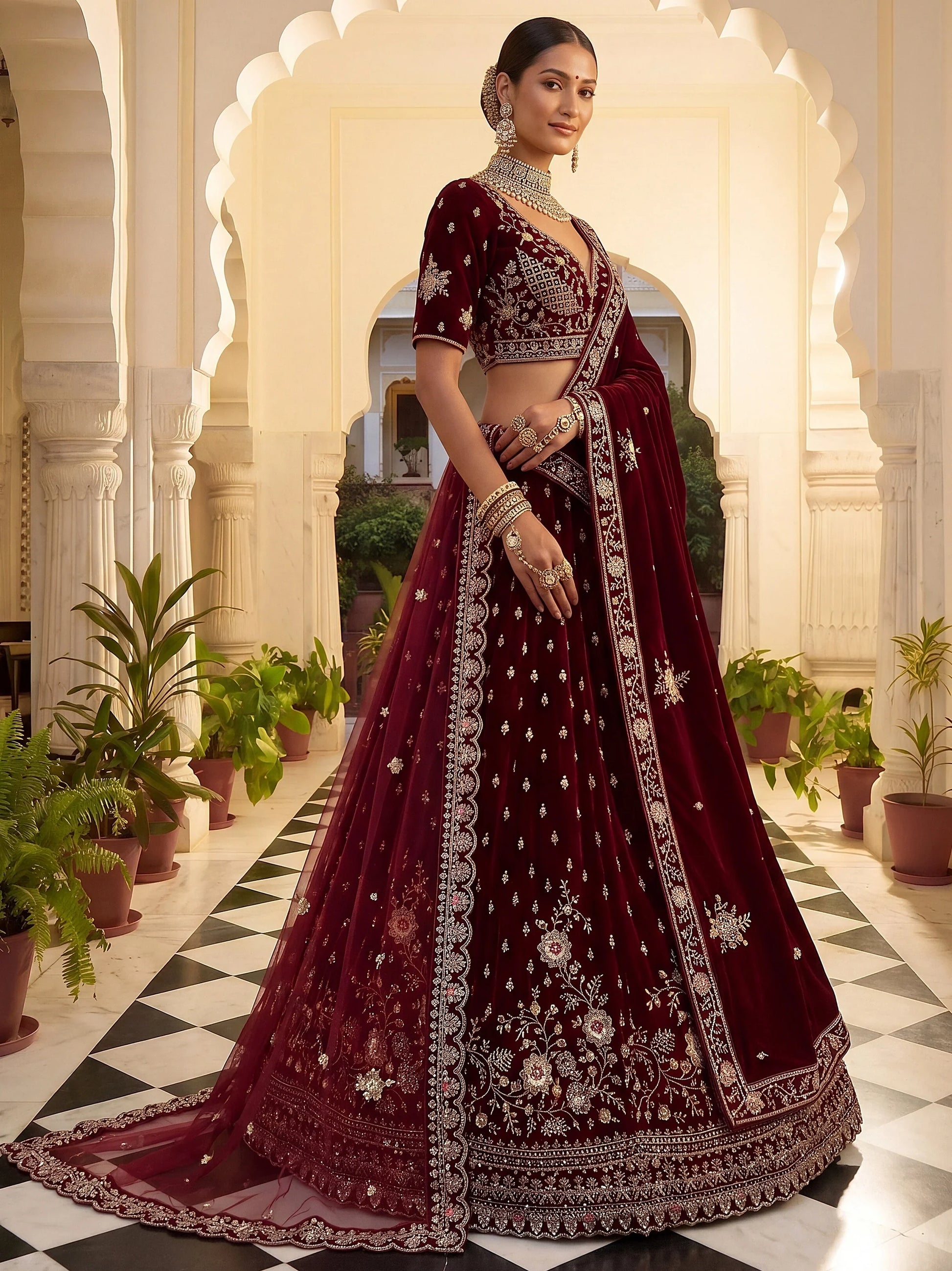 Captivating Marron Zari Work Velvet Bridal Wear Lehenga Choli With Dupatta