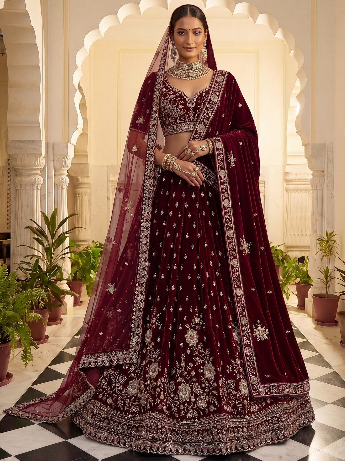 Captivating Marron Zari Work Velvet Bridal Wear Lehenga Choli With Dupatta