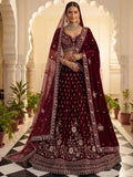 Captivating Marron Zari Work Velvet Bridal Wear Lehenga Choli With Dupatta