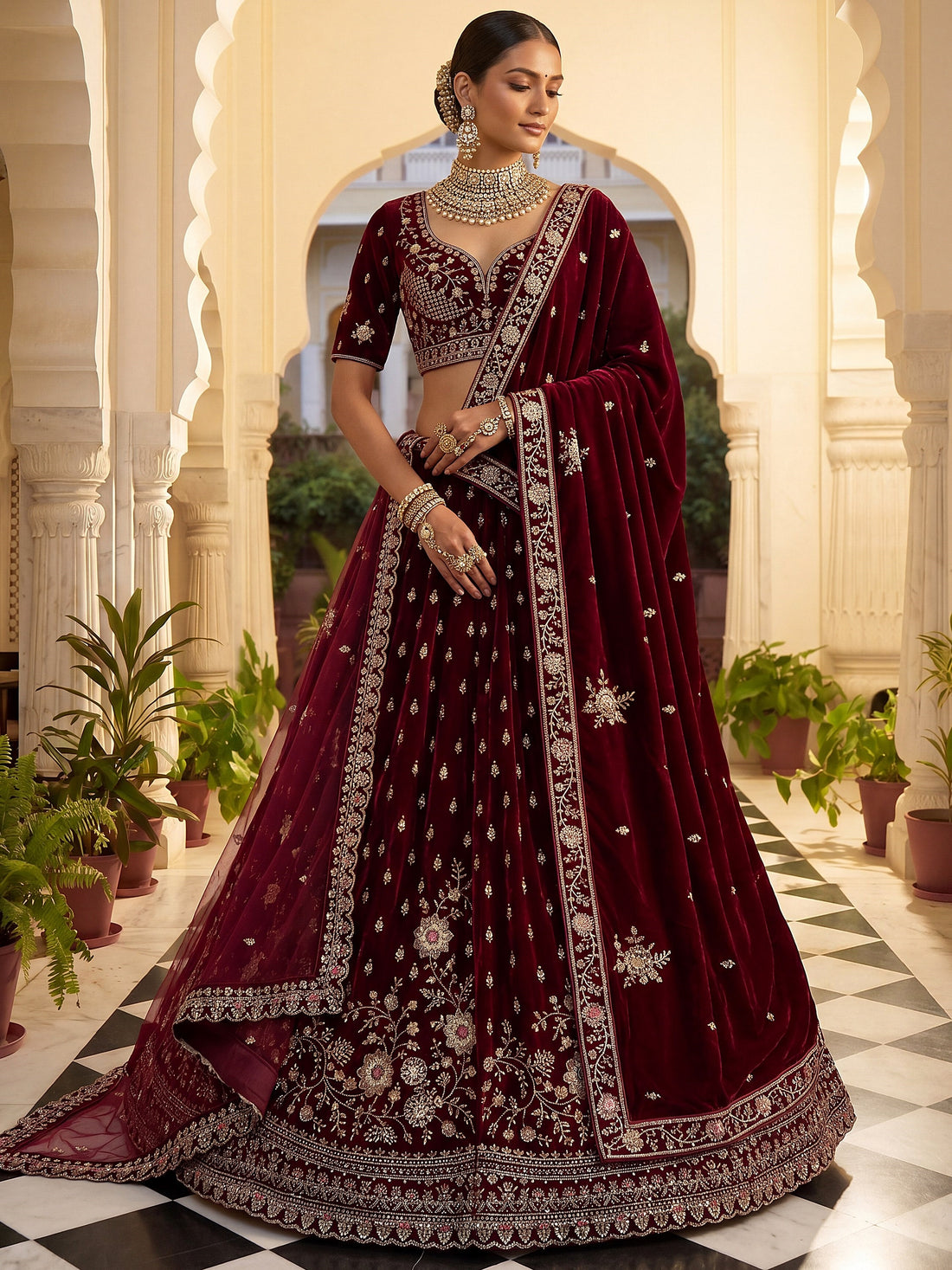 Captivating Marron Zari Work Velvet Bridal Wear Lehenga Choli With Dupatta