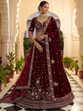 Captivating Marron Zari Work Velvet Bridal Wear Lehenga Choli With Dupatta