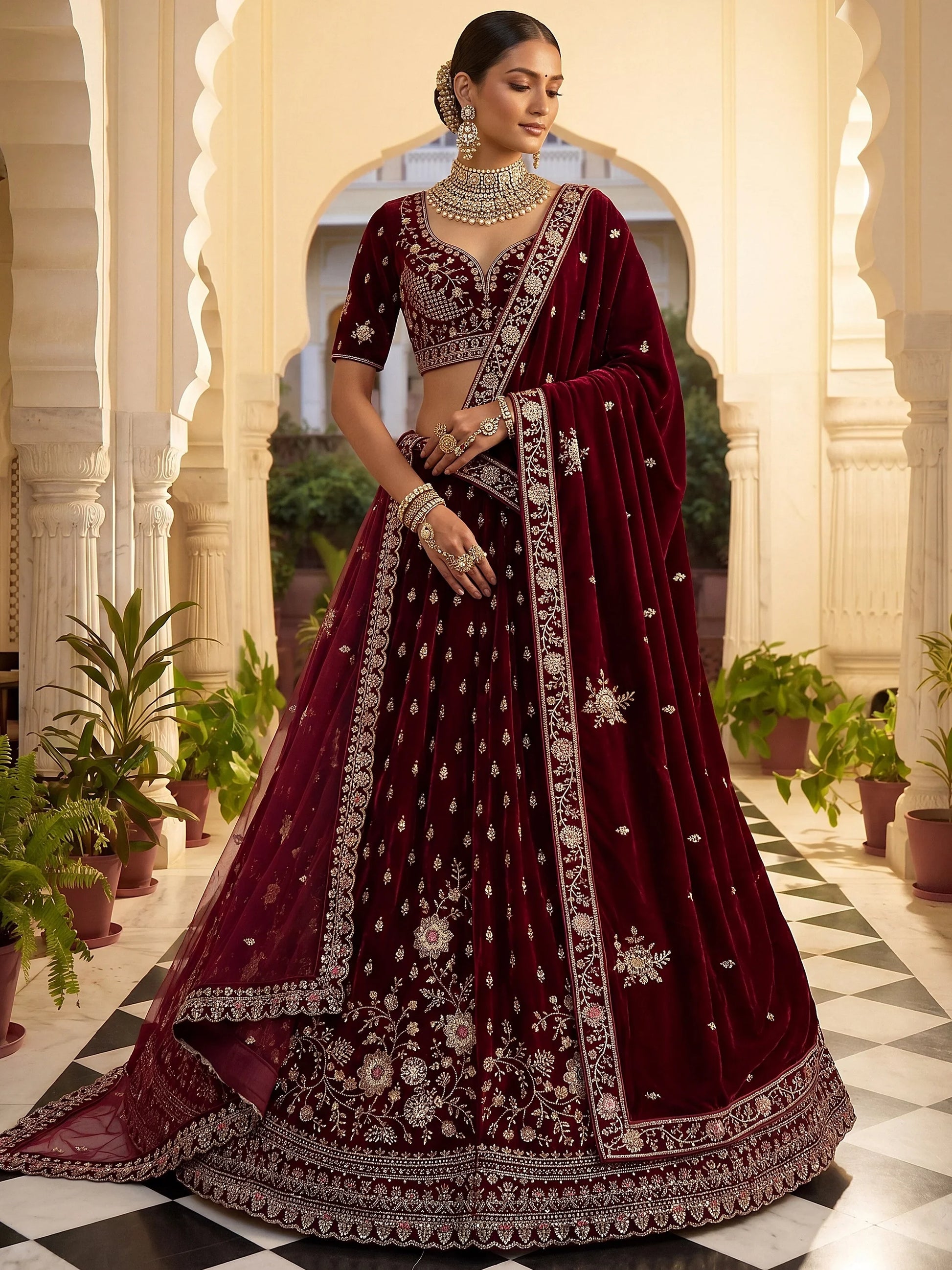 Captivating Marron Zari Work Velvet Bridal Wear Lehenga Choli With Dupatta