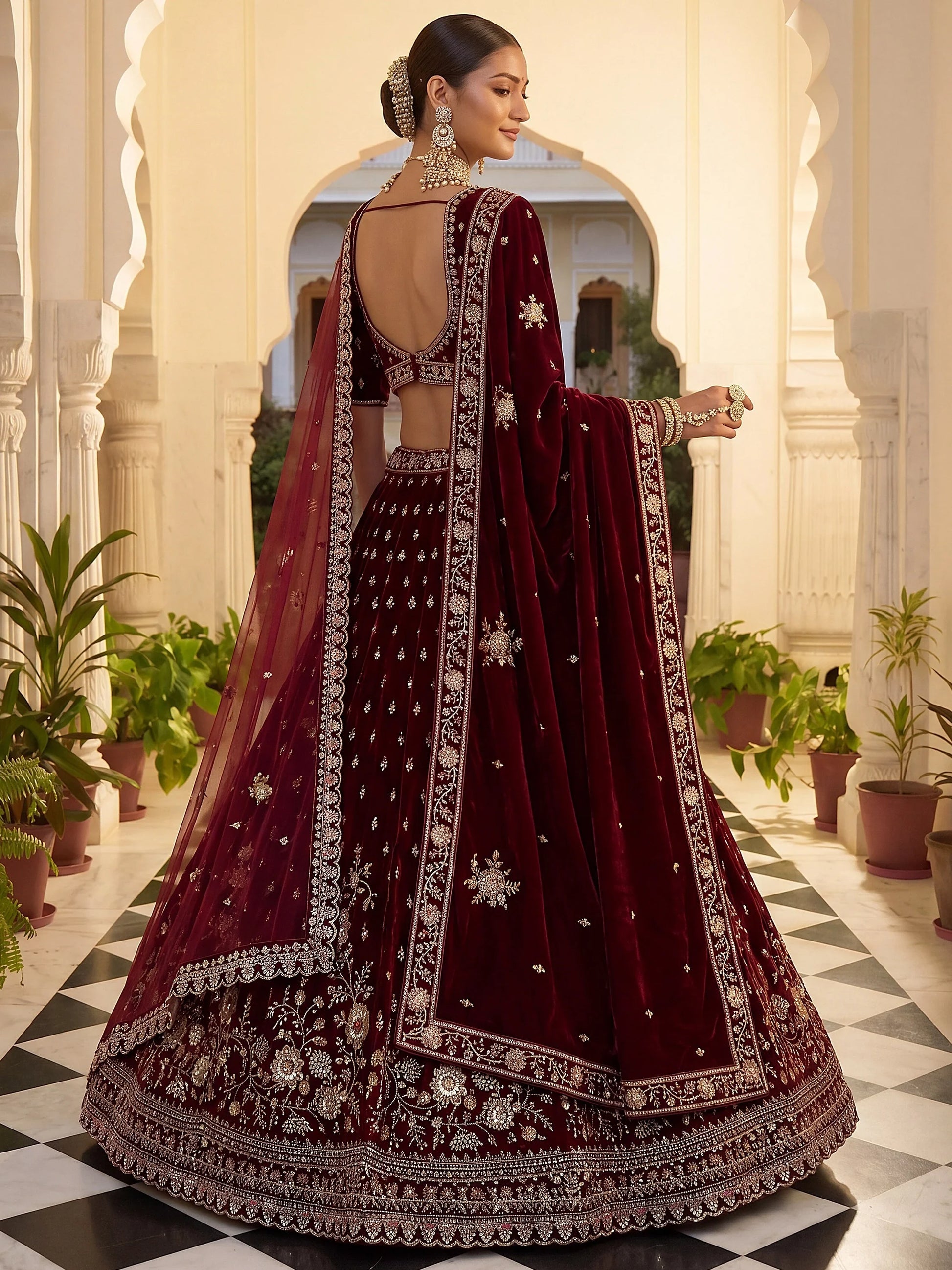 Captivating Marron Zari Work Velvet Bridal Wear Lehenga Choli With Dupatta