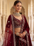 Captivating Marron Zari Work Velvet Bridal Wear Lehenga Choli With Dupatta