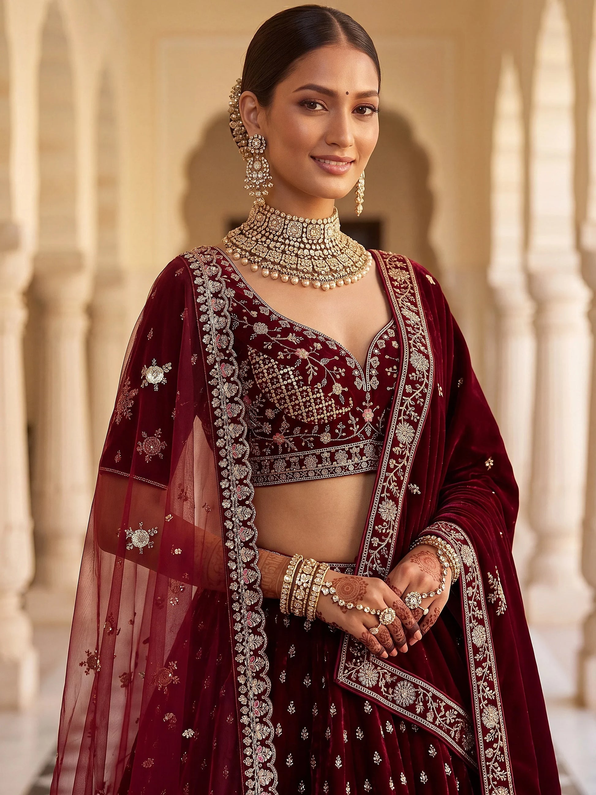 Captivating Marron Zari Work Velvet Bridal Wear Lehenga Choli With Dupatta