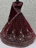 Captivating Marron Zari Work Velvet Bridal Wear Lehenga Choli With Dupatta