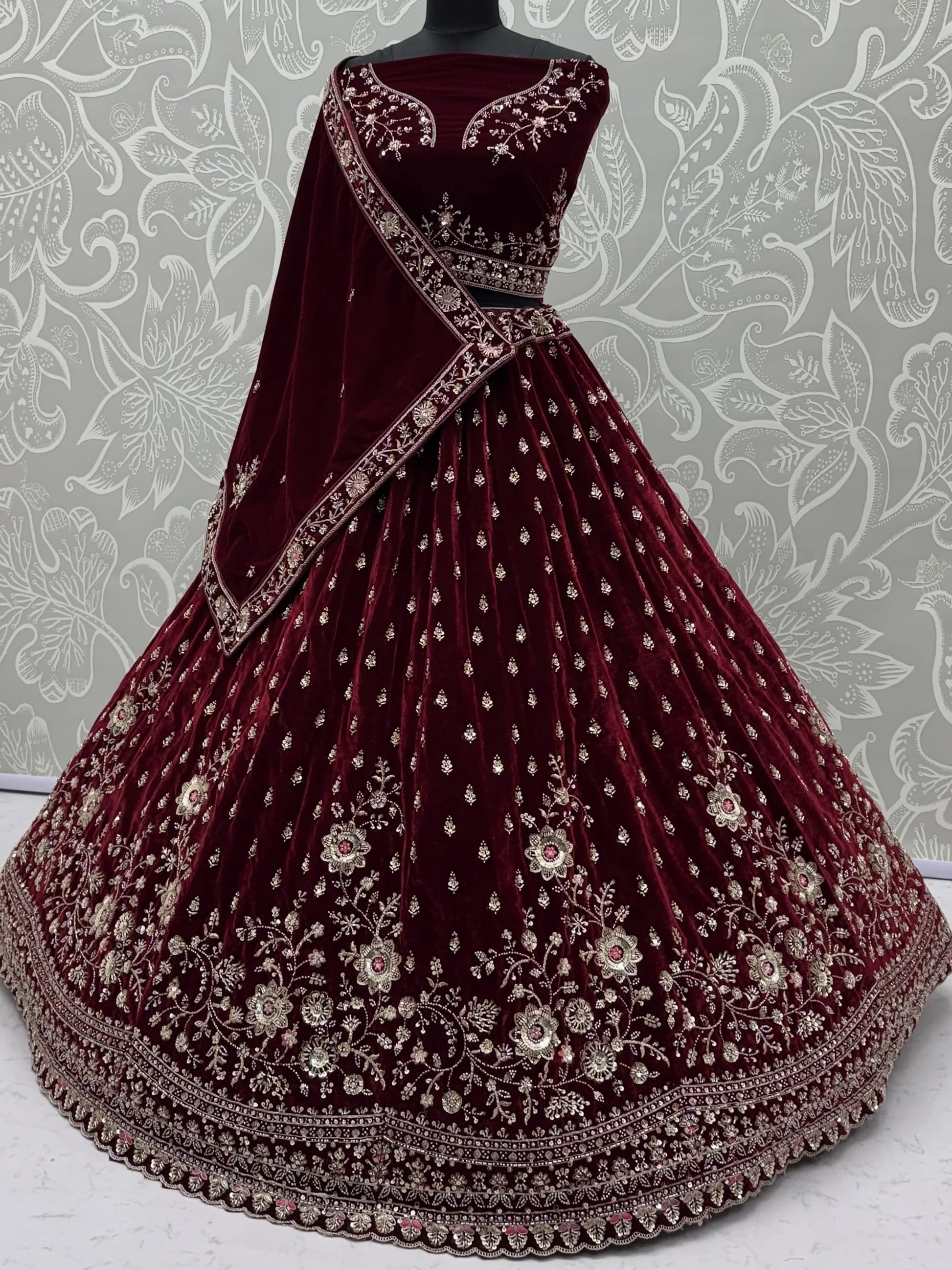 Captivating Marron Zari Work Velvet Bridal Wear Lehenga Choli With Dupatta