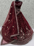 Captivating Marron Zari Work Velvet Bridal Wear Lehenga Choli With Dupatta