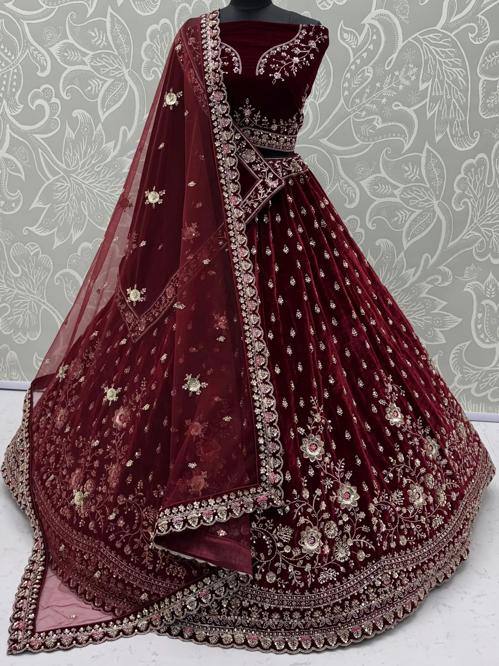 Captivating Marron Zari Work Velvet Bridal Wear Lehenga Choli With Dupatta