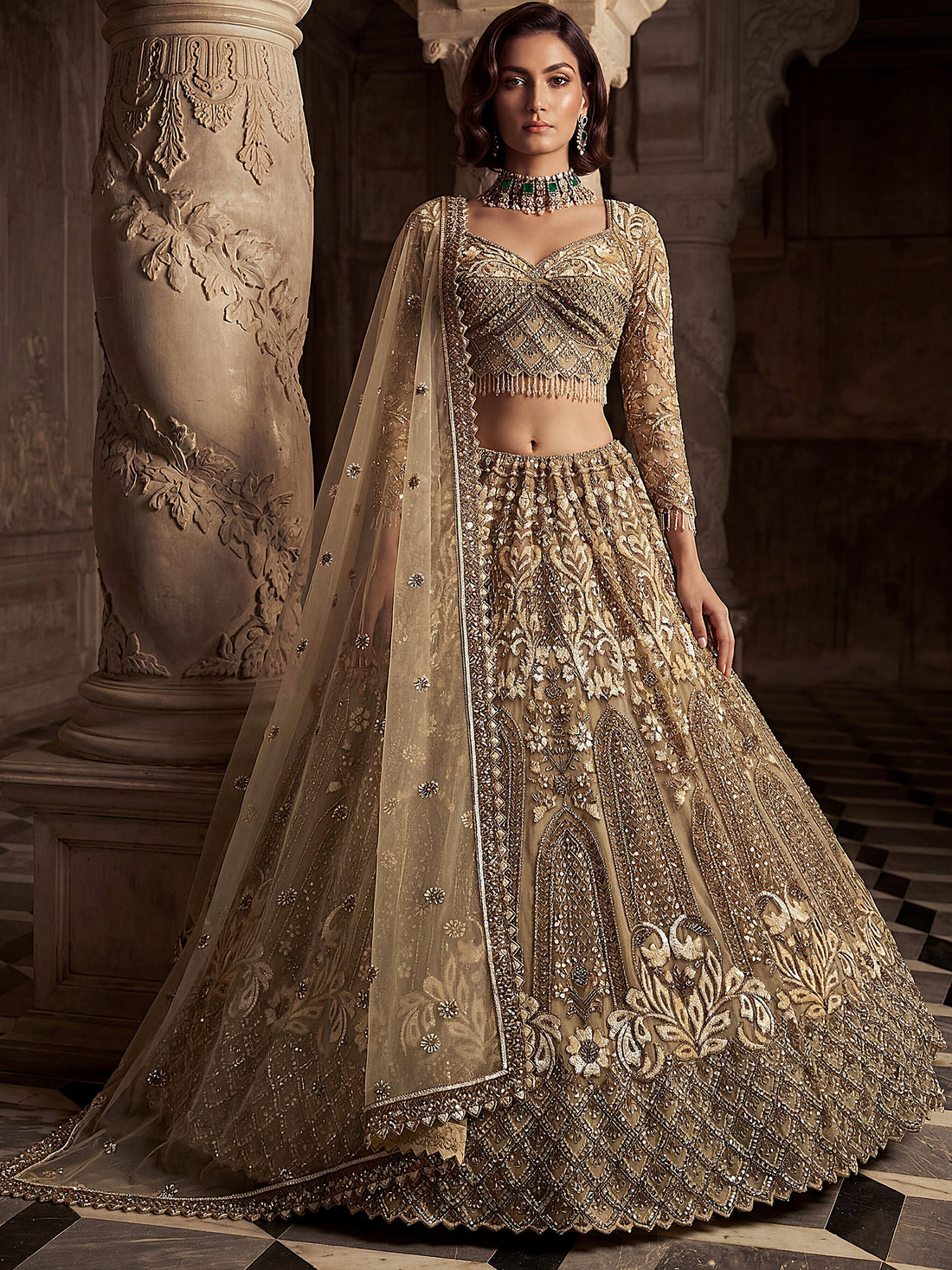 Sparkling Gold Hand Work Net Reception Wear Lehenga Choli With Dupatta
