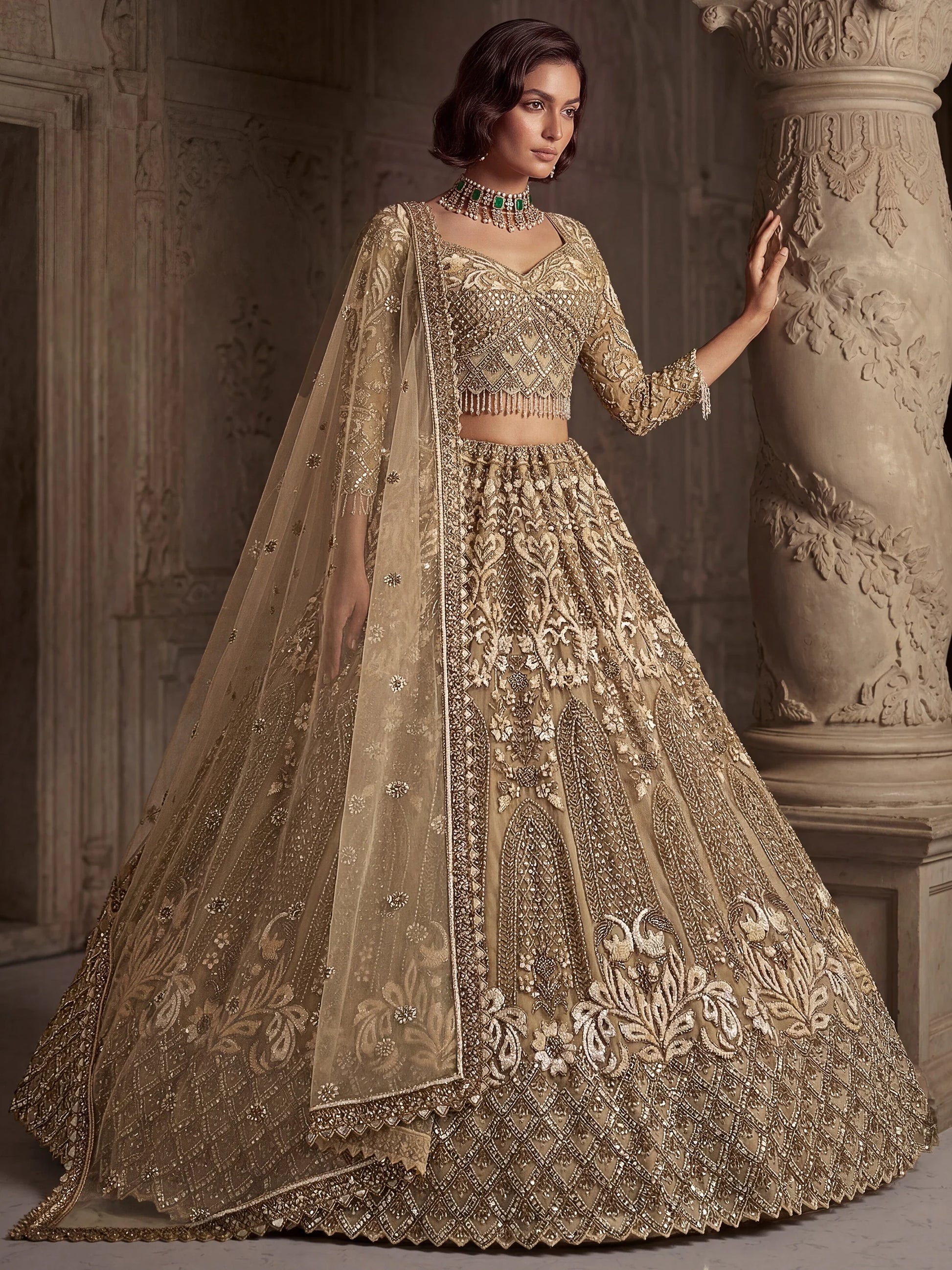 Sparkling Gold Hand Work Net Reception Wear Lehenga Choli With Dupatta