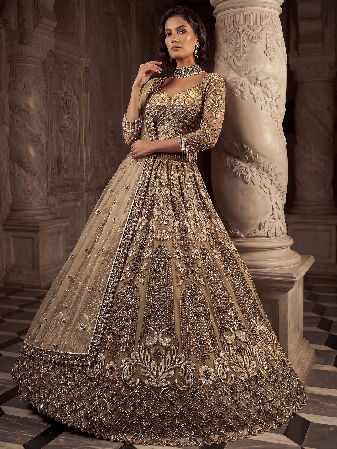 Sparkling Gold Hand Work Net Reception Wear Lehenga Choli With Dupatta