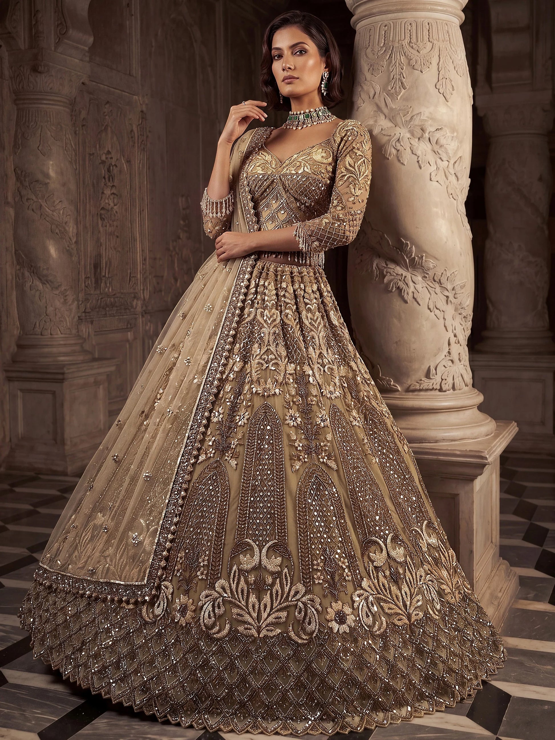 Sparkling Gold Hand Work Net Reception Wear Lehenga Choli With Dupatta