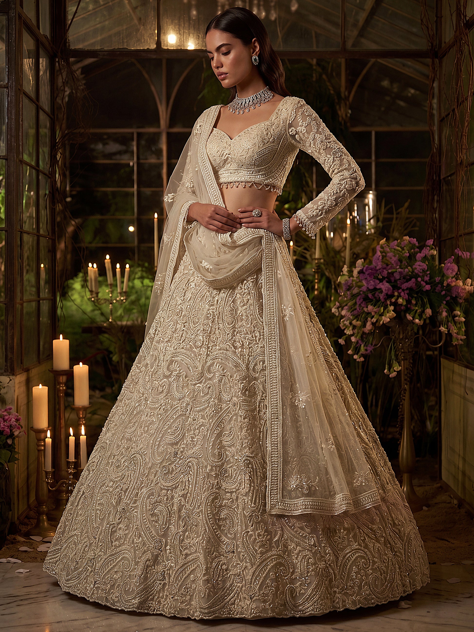 Stylish White Embroidered Net Bridesmaid Lehenga Choli With Dupatta