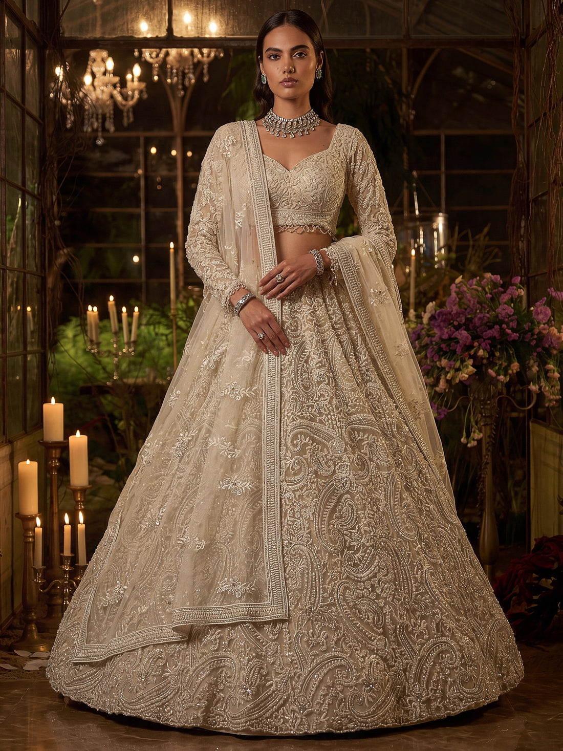 Stylish White Embroidered Net Bridesmaid Lehenga Choli With Dupatta