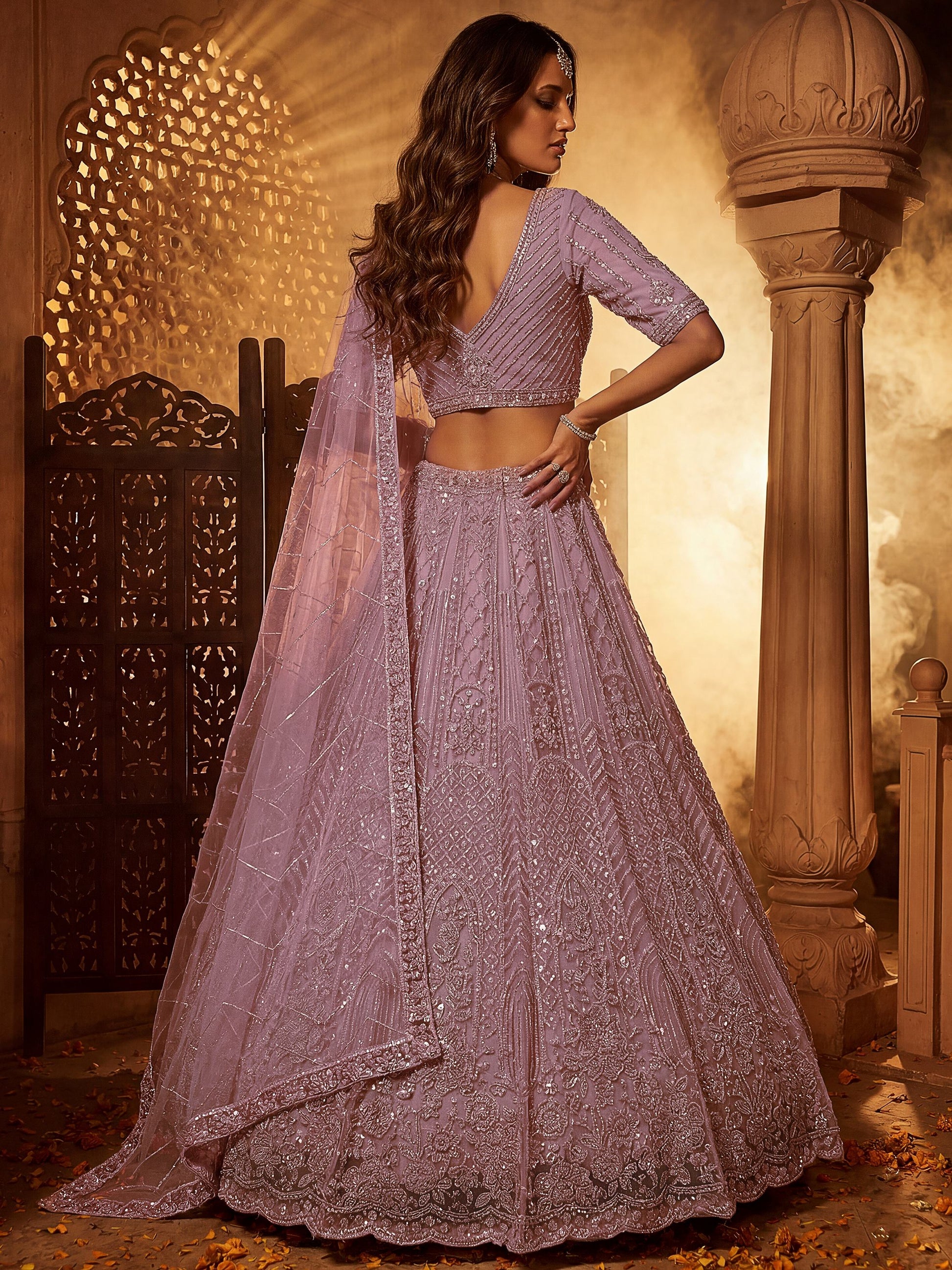 Stylish Lavender Sequins Net Wedding Wear Lehenga Choli With Dupatta
